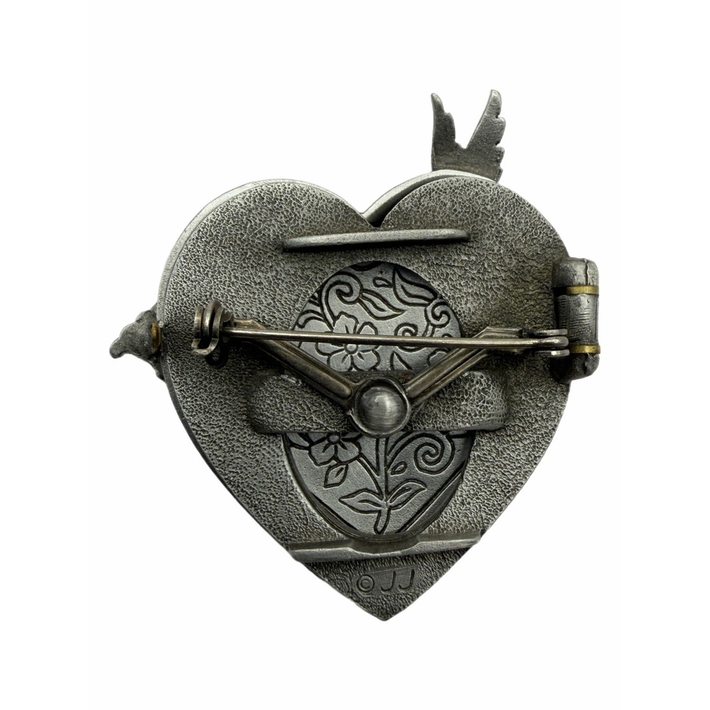 JJ Jonette Jewelry Vintage Grandma Heart Locket Brooch Hummingbird Pewter Tone - Picture 3 of 3